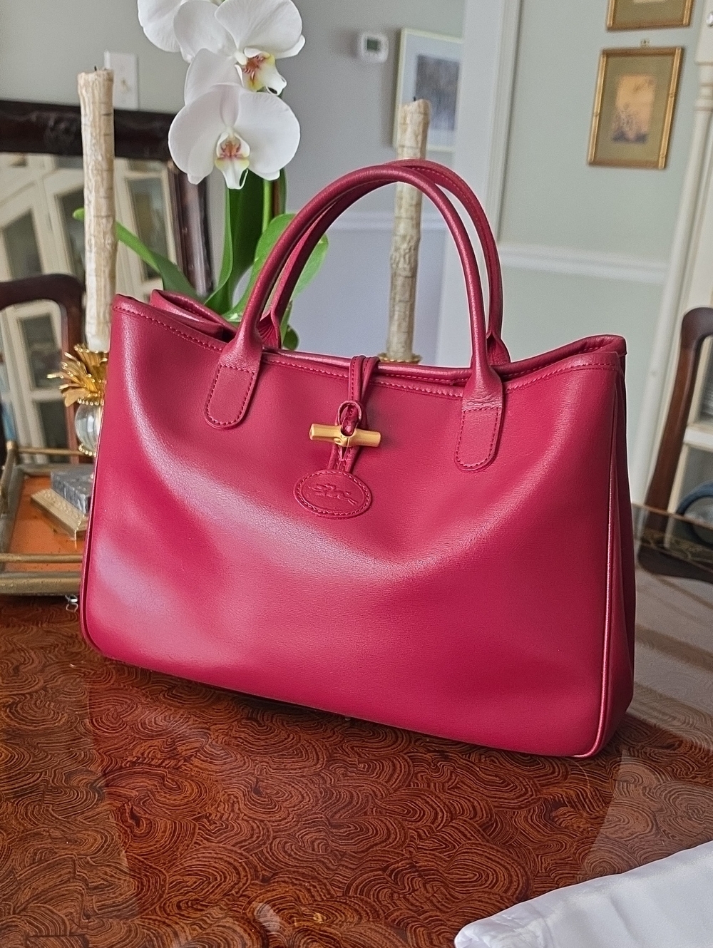 Longchamp Roseau Burgundy Leather Tote Bag
